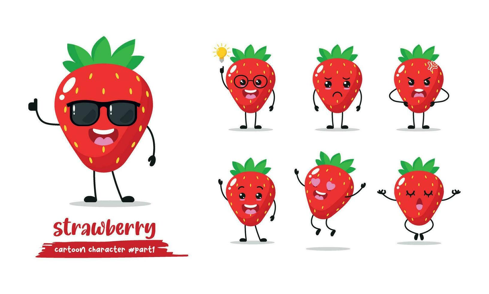 schattig aardbei verschillend werkzaamheid uitdrukking emotie. fruit met veel werkzaamheid vector illustratie vlak ontwerp.