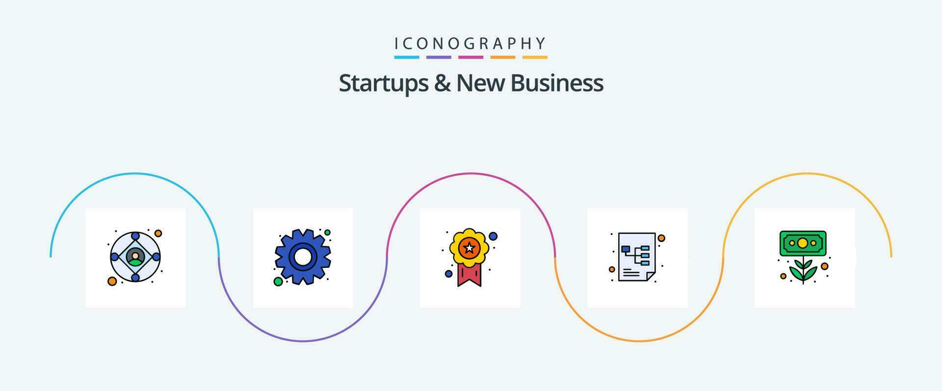 startups en nieuw bedrijf lijn gevulde vlak 5 icoon pak inclusief financiën. contant geld. kenteken. document. project vector