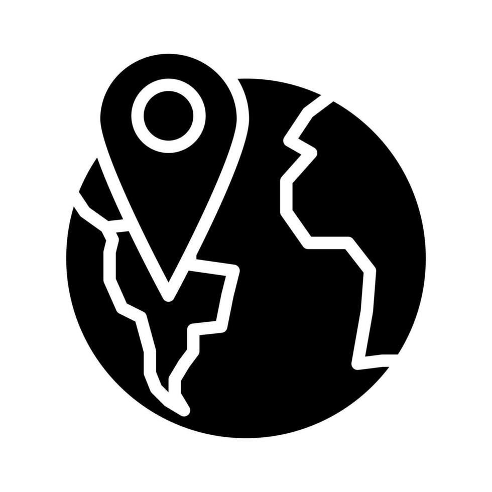 wereldbol met pin zwart glyph icoon. geolocatie. punt Aan kaart. woord navigatie. aarde met bestemming markering. silhouet symbool Aan wit ruimte. solide pictogram. vector geïsoleerd illustratie