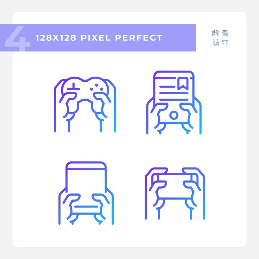 handen met grappig gadgets pixel perfect helling lineair vector pictogrammen set. digitaal apparaten voor amusement. dun lijn contour symbool ontwerpen bundel. geïsoleerd schets illustraties verzameling