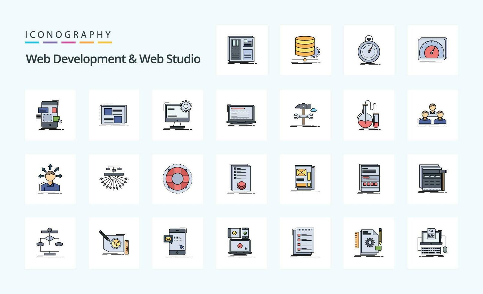 25 web ontwikkeling en web studio lijn gevulde stijl icoon pak vector