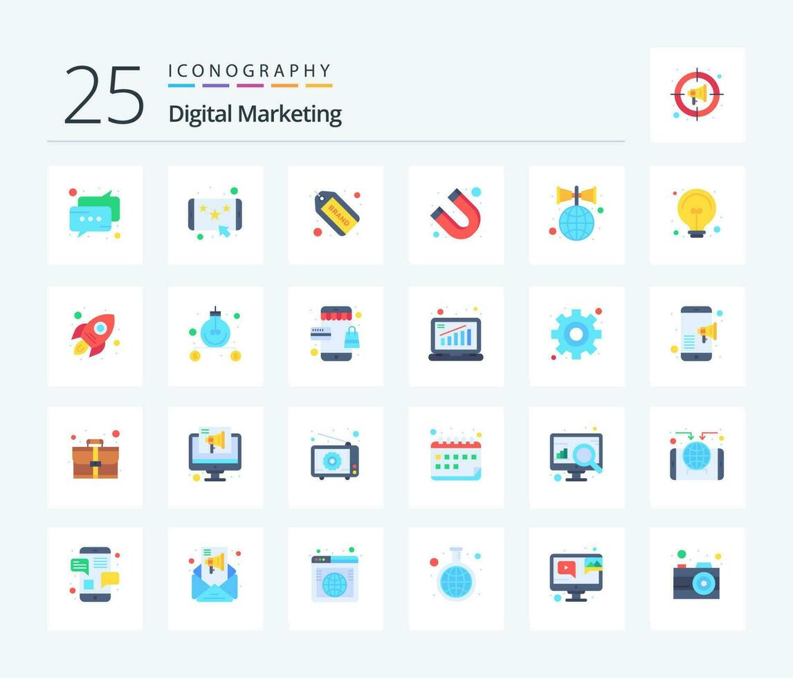 digitaal afzet 25 vlak kleur icoon pak inclusief globaal. magneet. merk. klant. aantrekken vector