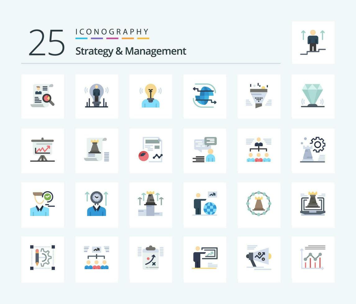 strategie en beheer 25 vlak kleur icoon pak inclusief soort. filter. persoon. pijl. internet vector