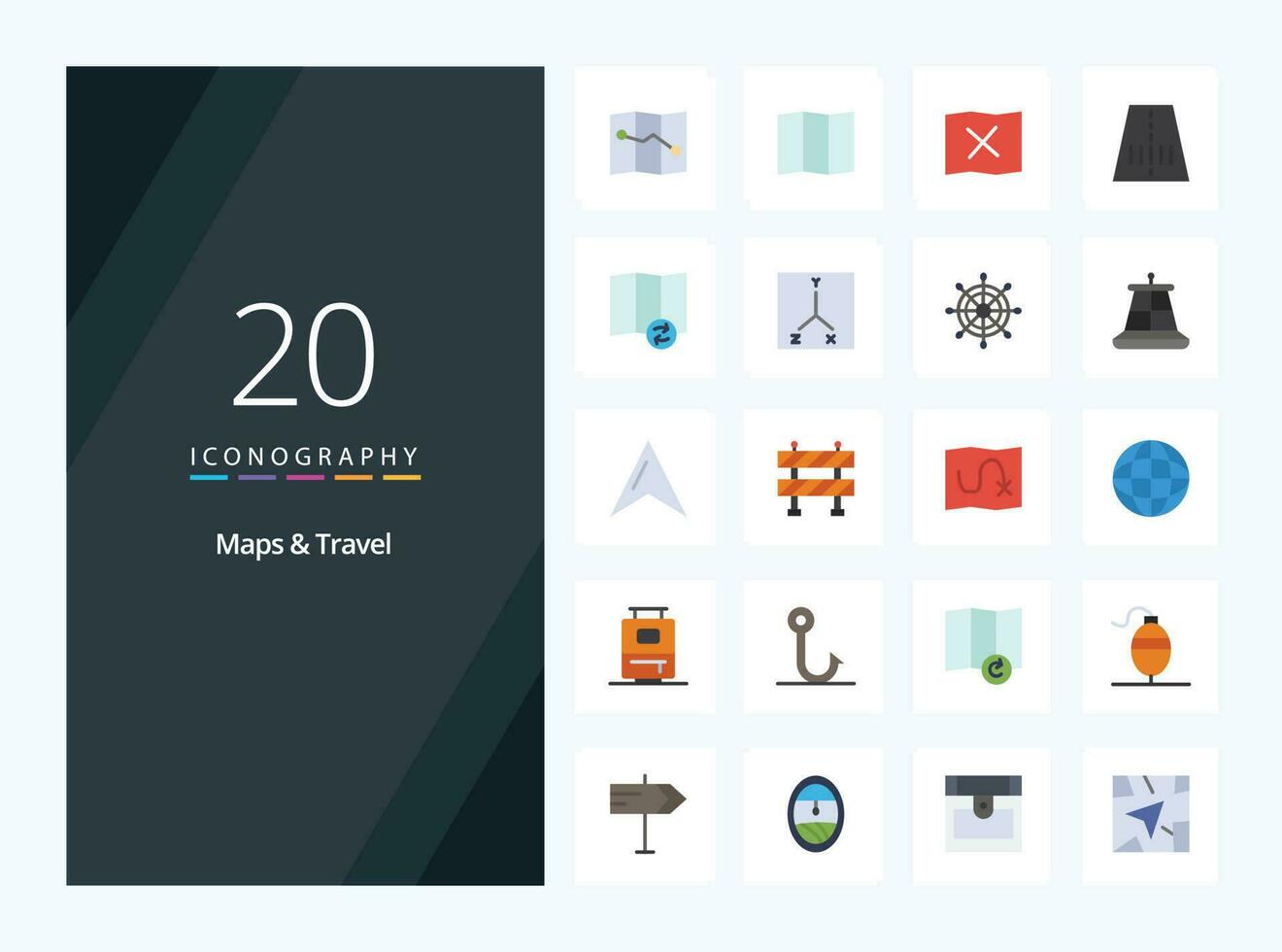 20 kaarten reizen vlak kleur icoon voor presentatie vector