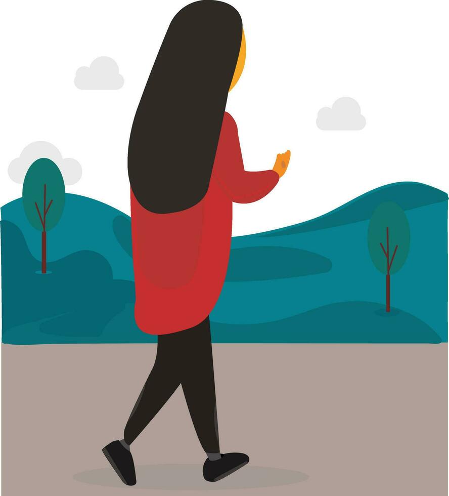 meisje is wandelen Aan de weg geïsoleerd met wolken, bomen en bergen. meisje illustratie. vector