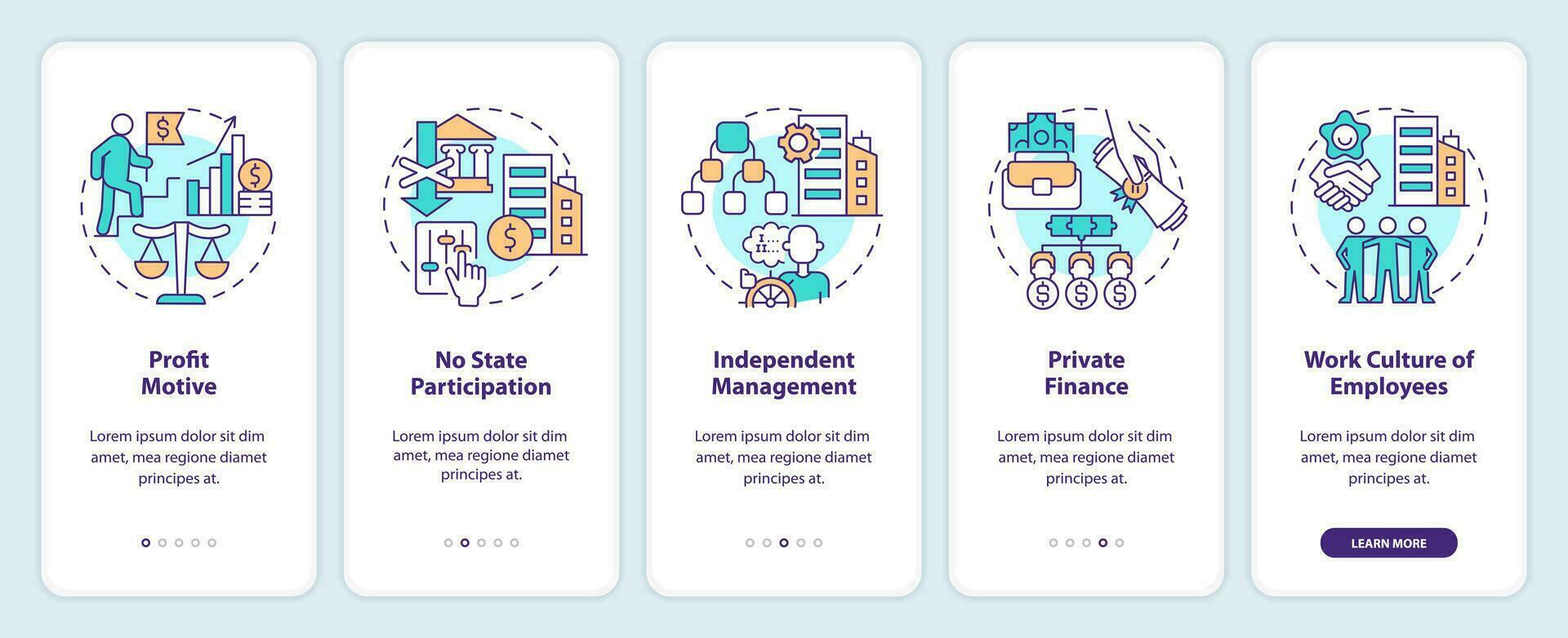 privaat sector Kenmerken onboarding mobiel app scherm. bedrijf walkthrough 5 stappen bewerkbare grafisch instructies met lineair concepten. ui, ux, gui sjabloon vector