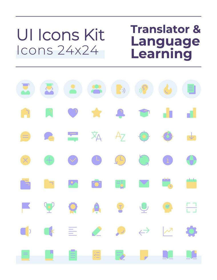 vertaler vlak kleur ui pictogrammen set. taal aan het leren. communicatie. machine vertaling. gui, ux ontwerp voor mobiel app. vector geïsoleerd rgb pictogrammen