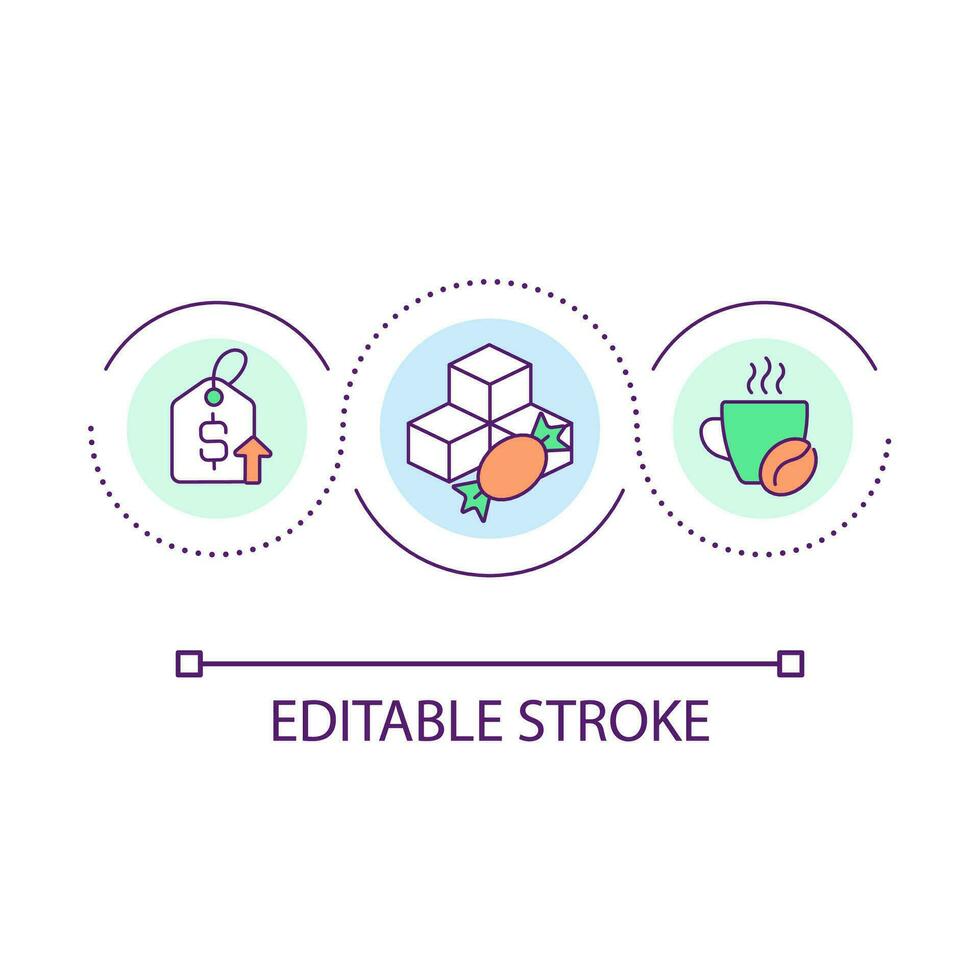 voedsel inflatie lus concept icoon. koffie, suiker prijs opstaan. Product kosten groei. economisch uitdagingen abstract idee dun lijn illustratie. geïsoleerd schets tekening. bewerkbare geaaid vector