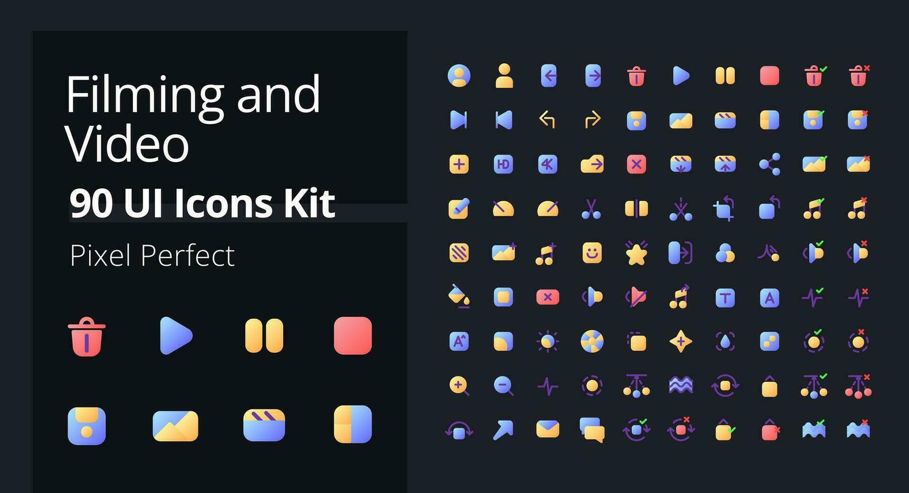 video productie vlak helling vullen ui pictogrammen voor donker modus. filmmaken software. film bewerken. beweging afbeelding. pixel perfect kleur pictogrammen uitrusting. gui, ux ontwerp voor web. vector geïsoleerd rgb afbeeldingen