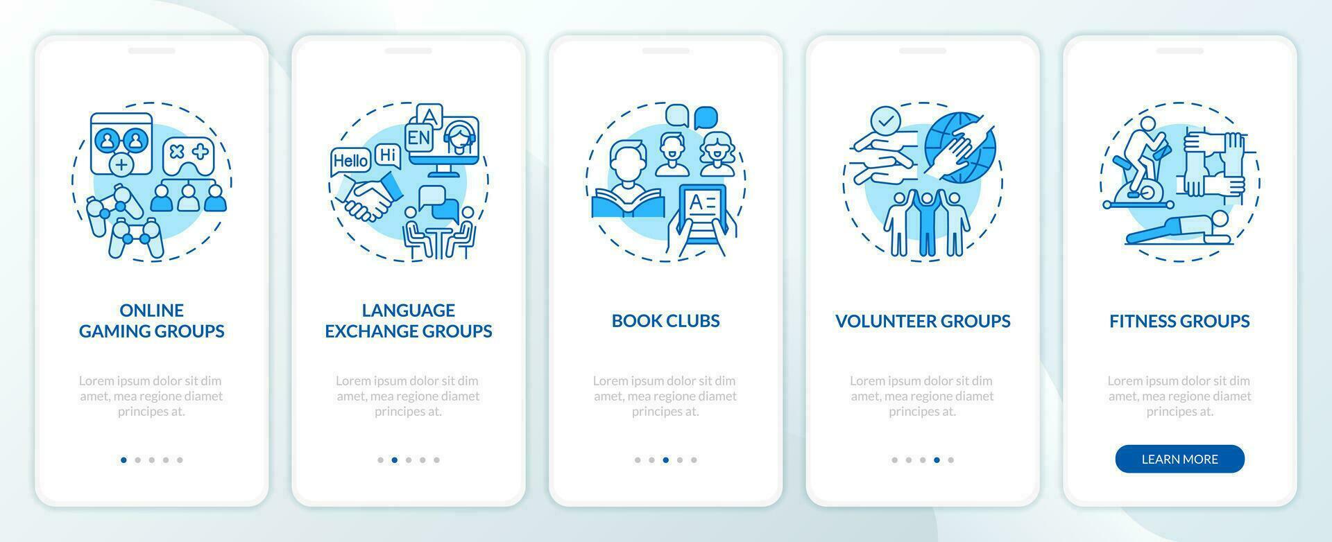 micro gemeenschappen blauw onboarding mobiel app scherm. sociaal verbinding walkthrough 5 stappen bewerkbare grafisch instructies met lineair concepten. ui, ux, gui sjabloon vector