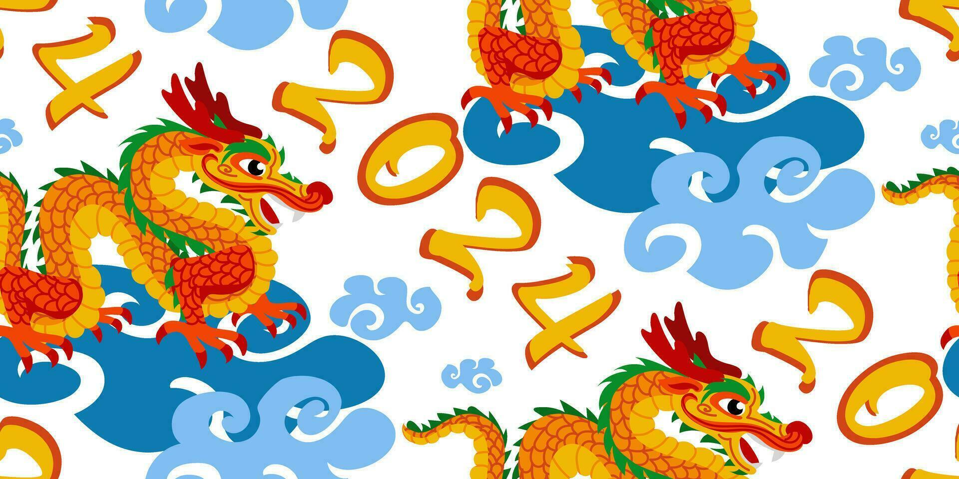 een patroon met oranje Chinese draken Aan wolken en met de getallen 2024. hand getekend. abstract kunst afdrukken. behang, kleding stof ontwerp, kleding stof, servet, textiel ontwerp sjabloon, achtergrond. mythologisch vector