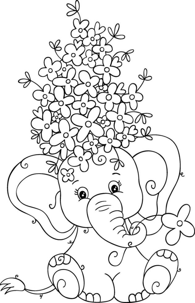 schattig olifant met bloemen Aan hoofd kleur bladzijde vector