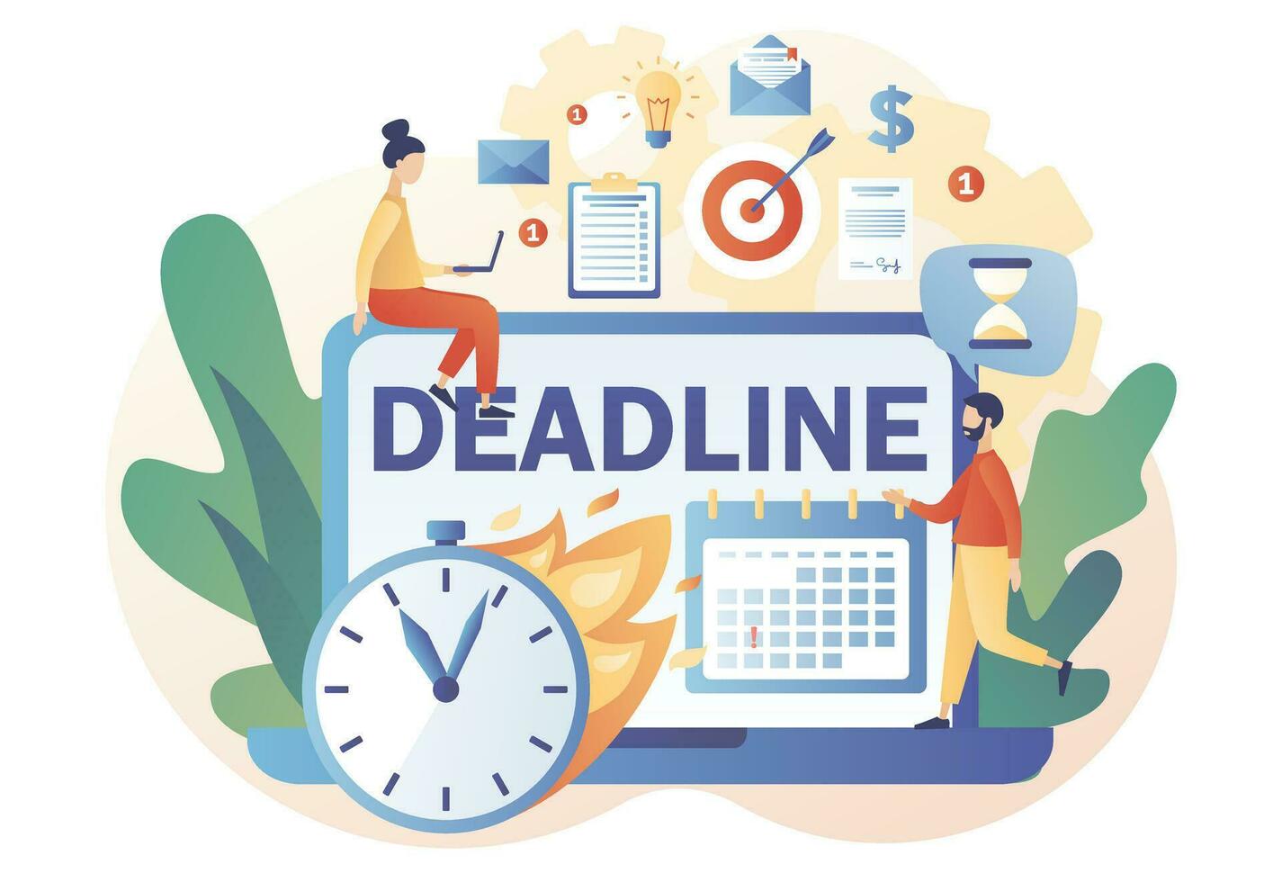 deadline concept. klein mensen organiseren werkstroom, effectief gebruik van tijd. online tijd beheer en productiviteit. modern vlak tekenfilm stijl. vector illustratie Aan wit achtergrond