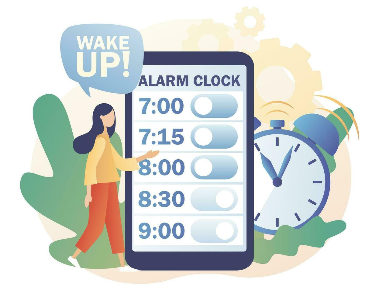 alarm klok ringen. klein vrouw sets de alarm klok in smartphone app. wakker worden omhoog in ochtend. mooi zo ochtend- concept. begin van nieuw dag. modern vlak tekenfilm stijl. vector illustratie Aan wit achtergrond