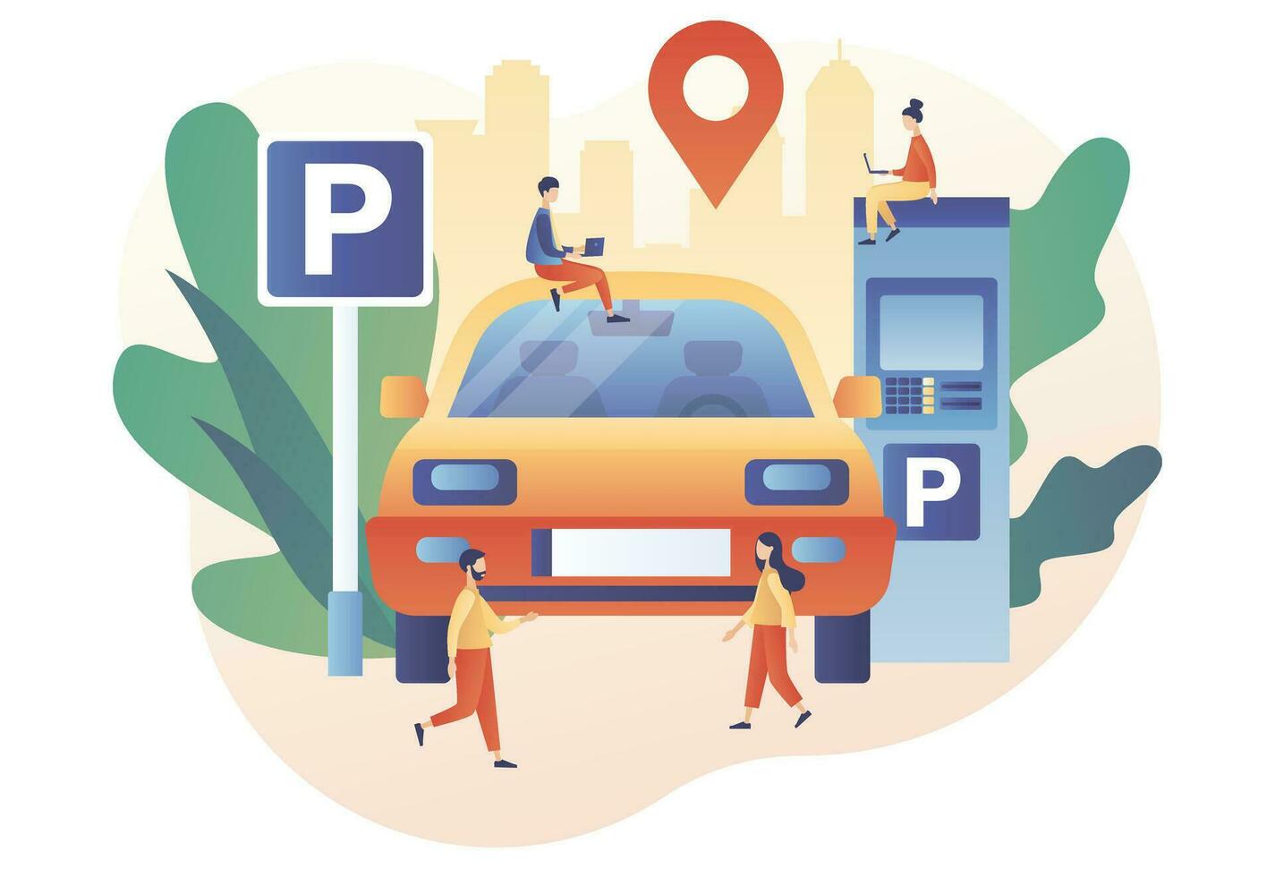 klein mensen park auto in parkeren Oppervlakte, parkeren kavel. openbaar parkeerplaats in groot stad. stedelijk vervoer. weg teken. modern vlak tekenfilm stijl. vector illustratie Aan wit achtergrond