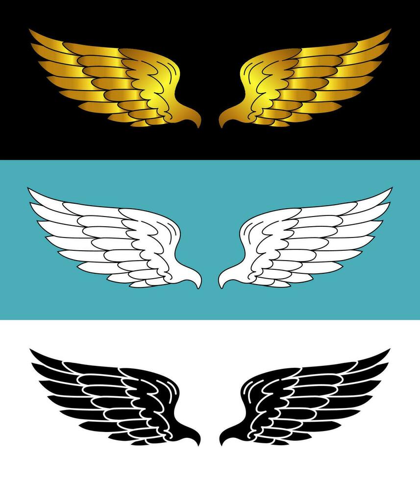 hand- getrokken vogel of engel Vleugels met verschillend stijl en kleur ontwerp. wijnoogst heraldisch Vleugels schetsen. voorgevormd tekening Vleugels vector illustratie