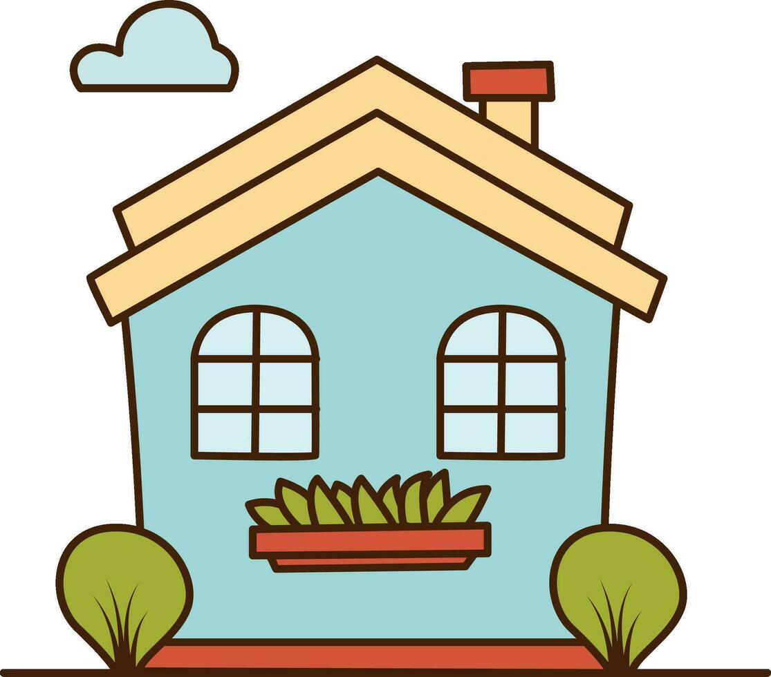 vector blauw huis met twee ramen en struiken icoon. vector tekenfilm huis met schoorsteen icoon.