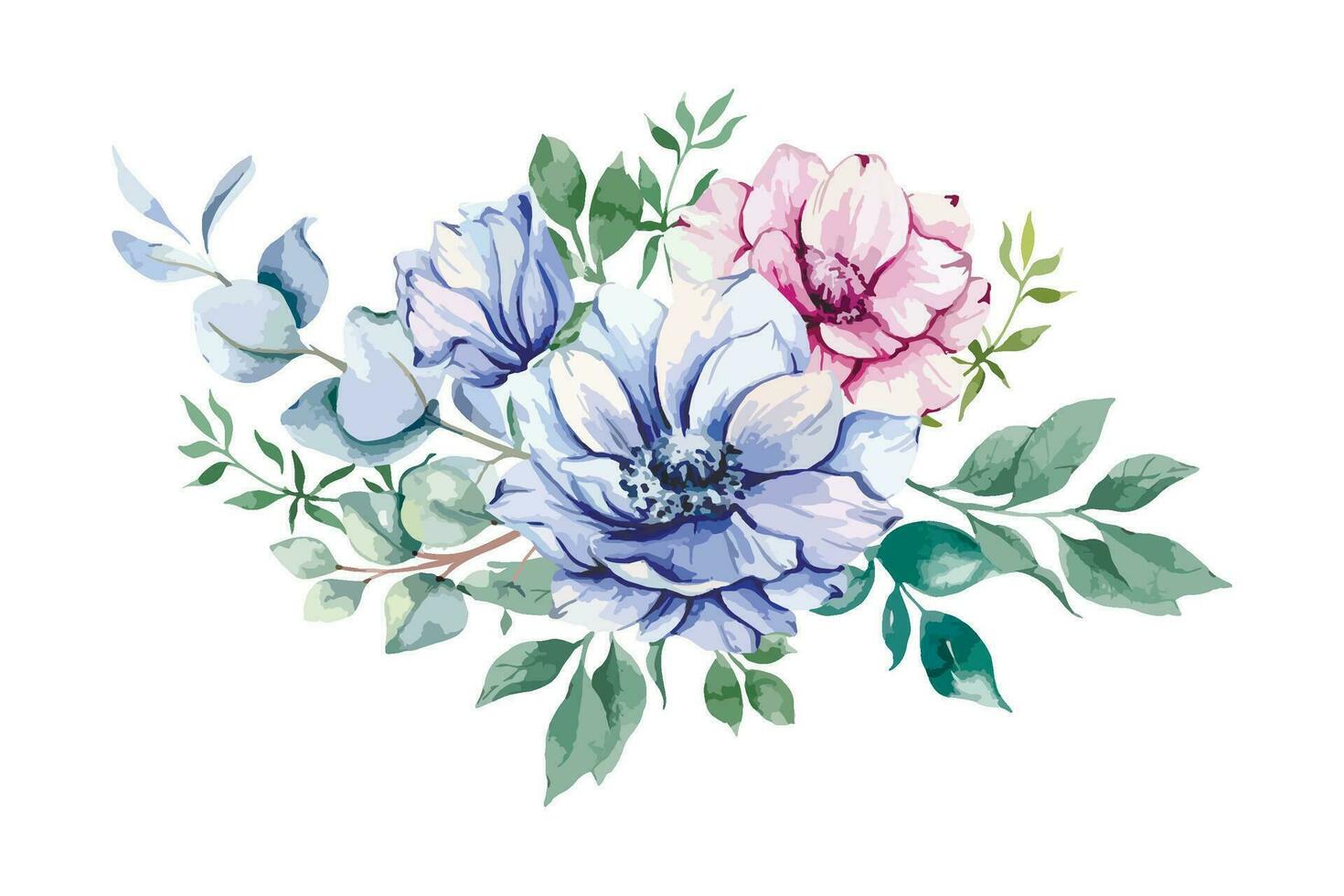 anemoon bloemen waterverf illustratie. blauw, roze en Purper anemonen hand- geschilderd geïsoleerd Aan wit achtergrond. perfect voor bruiloft uitnodigingen, bruids douche en bloemen groet kaarten vector