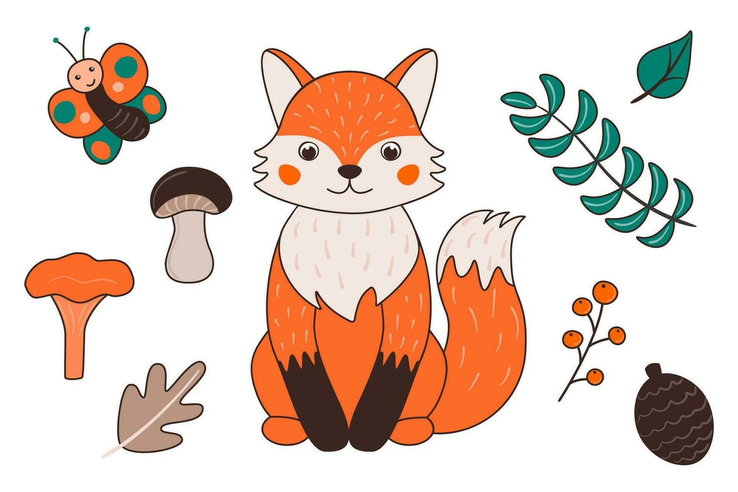 vector illustratie met schattig chanterelle, vlinder, paddestoelen, ijshoorntje, in tekenfilm stijl. Woud dieren en planten.