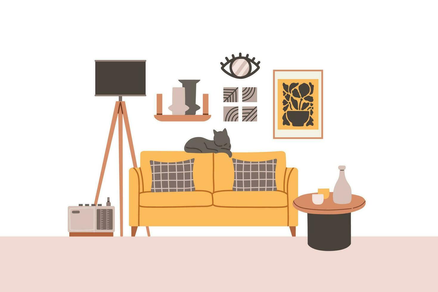 leven kamer interieur reeks met bank, fauteuil, boekenplanken. vector vlak stijl verzameling van meubilair voor huis geïsoleerd Aan wit achtergrond. vector illustratie