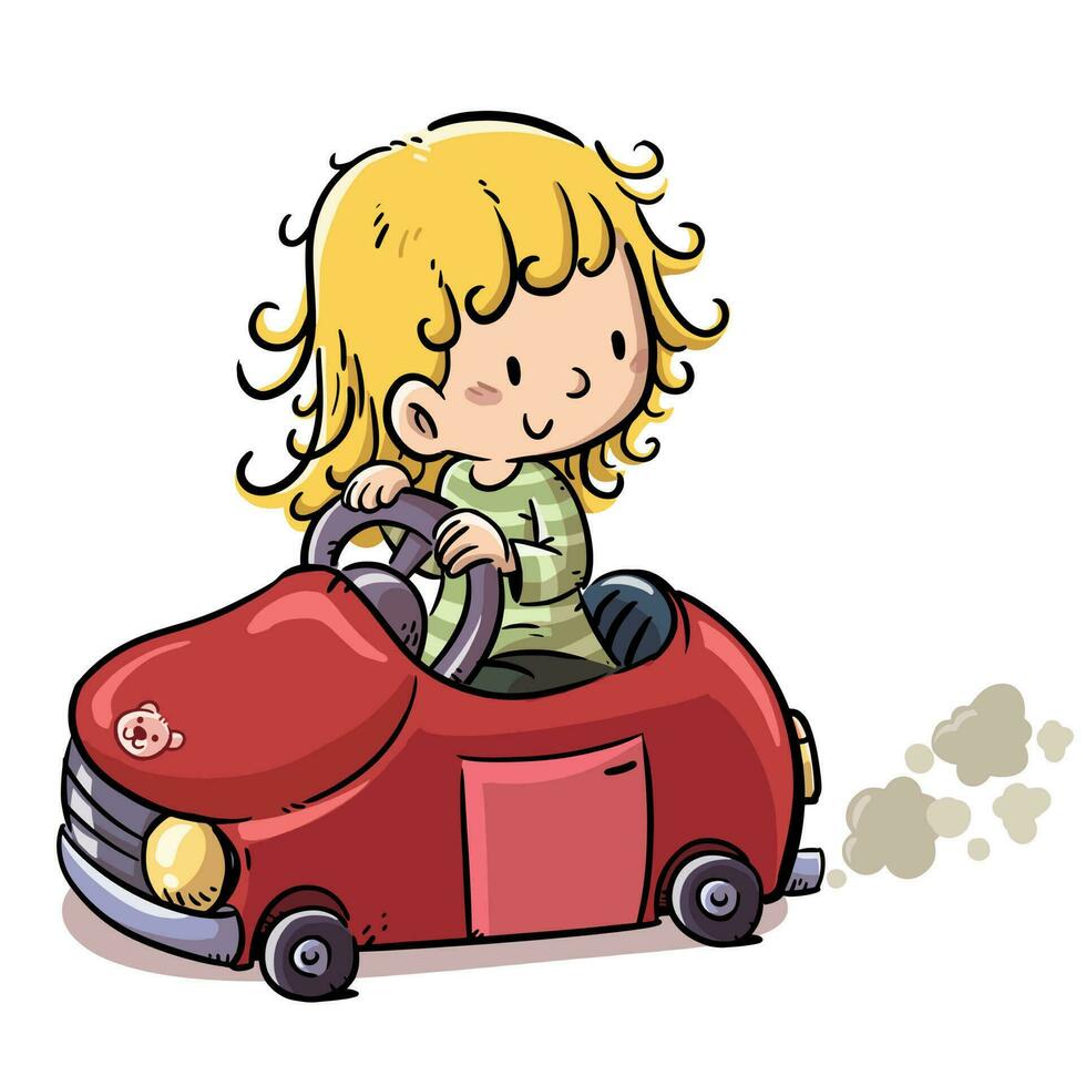 kinderen illustratie van weinig meisje het rijden een rood speelgoed- auto vector