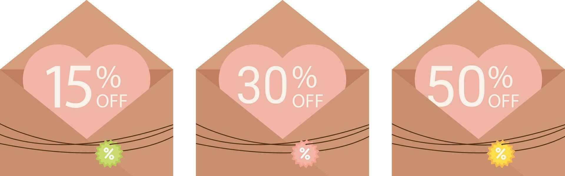 schattig folder, poster, poster, sticker, ansichtkaart met ambacht envelop met coupon. hart, coupon, korting, promoties. bon. evenement coupon. klaar voorbeeld, sjabloon, poster. web spandoek. vector