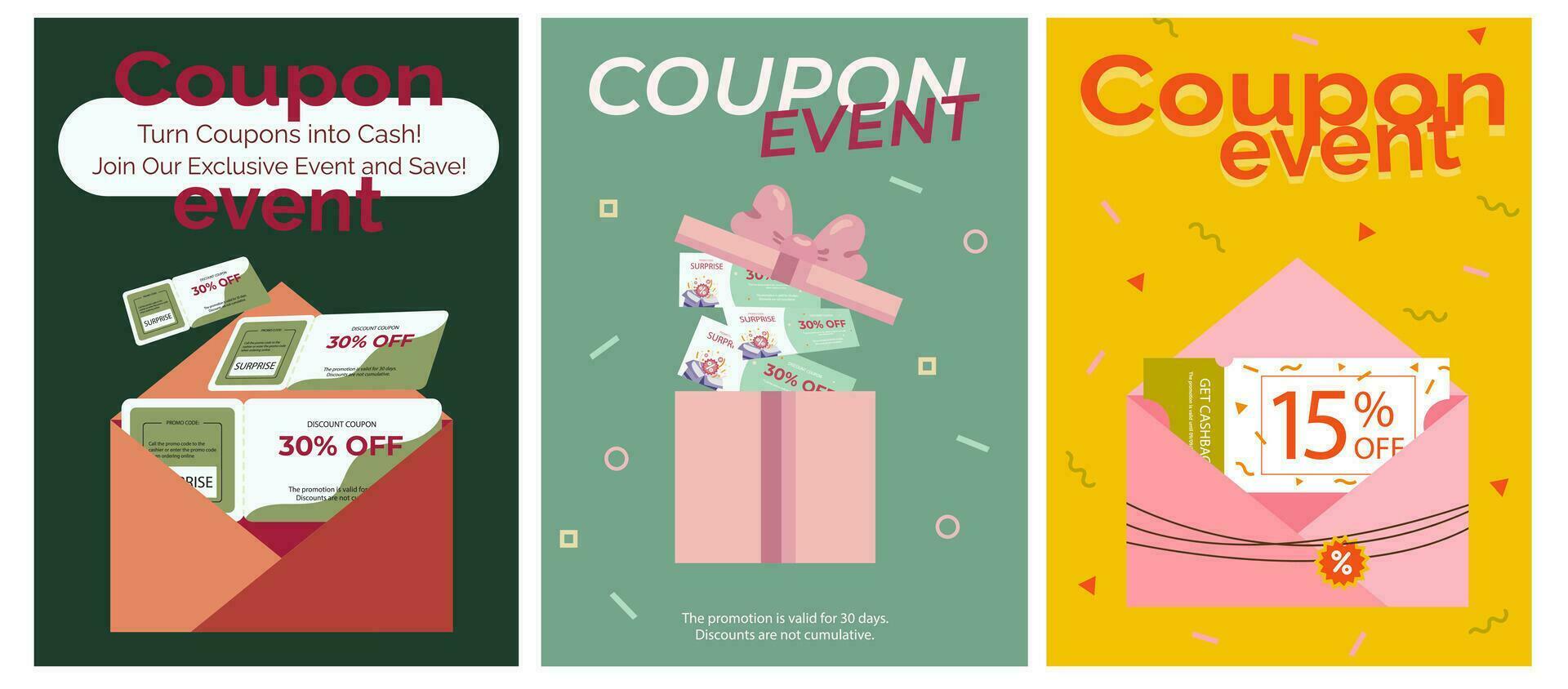 reeks van bonnen, flyers. flyers met bonnen, kortingen, promoties, verkoop. zwart vrijdag. coupon evenementen. kaart, banier, aanplakbiljet, poster, web spandoek. klaar steekproef, sjabloon, coupon doos, coupon envelop vector