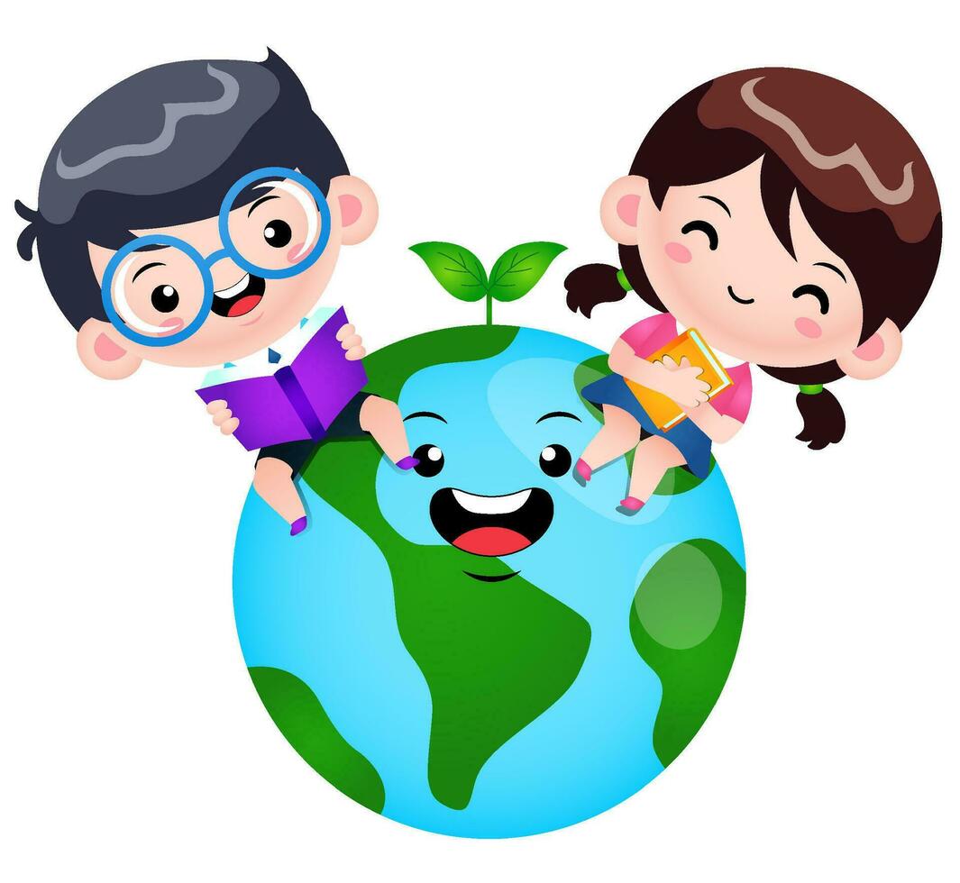 kinderen Holding boek met aarde planeet vector