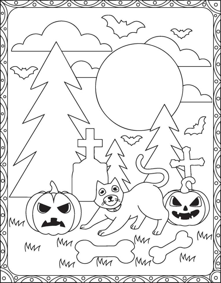 halloween kleur pagina's, halloween kat kleur Pagina's voor kinderen, halloween illustratie, halloween vector, zwart en wit, kat illustratie vector