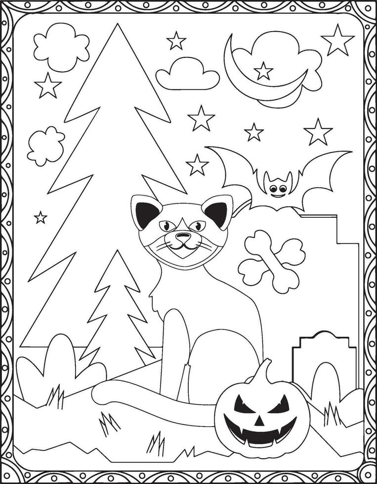 halloween kleur pagina's, halloween kat kleur Pagina's voor kinderen, halloween illustratie, halloween vector, zwart en wit, kat illustratie vector