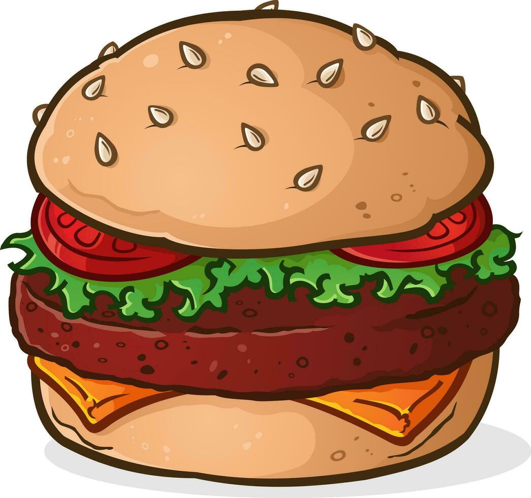 een groot, sappig, Amerikaans cheeseburger Aan een sesam zaad bun vector klem kunst