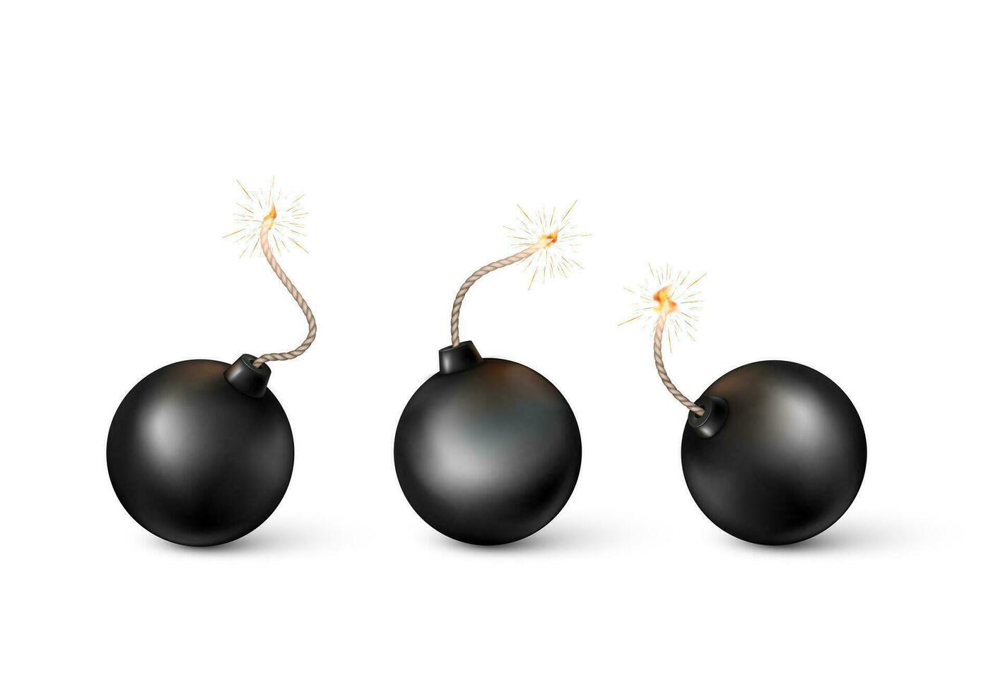 reeks van bommen. brandend lont zwart bom in realistisch stijl. vector illustratie