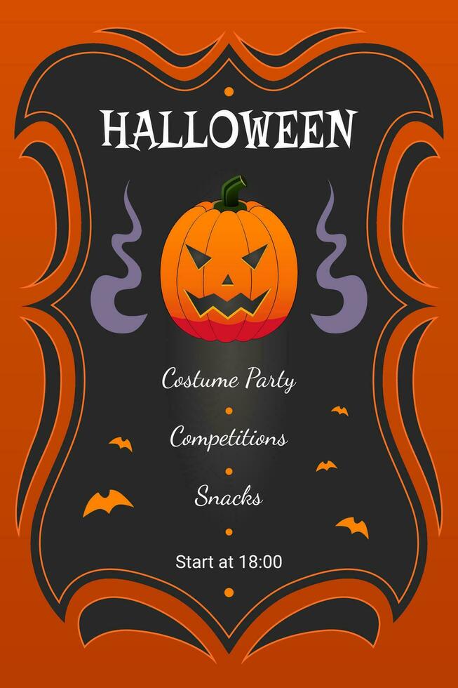 halloween partij poster, Aankondiging met traditioneel pompoen en golvend zwart kader, halloween viering evenement, gelukkig halloween. vector