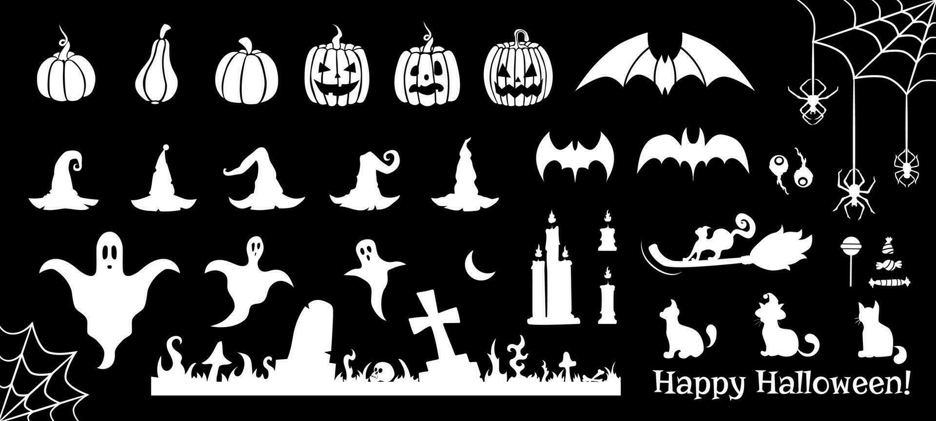 halloween decoratief wit elementen en silhouetten van pompoenen, heks hoeden, katten, kaarsen, spinnen en vleermuizen, vector decoraties.