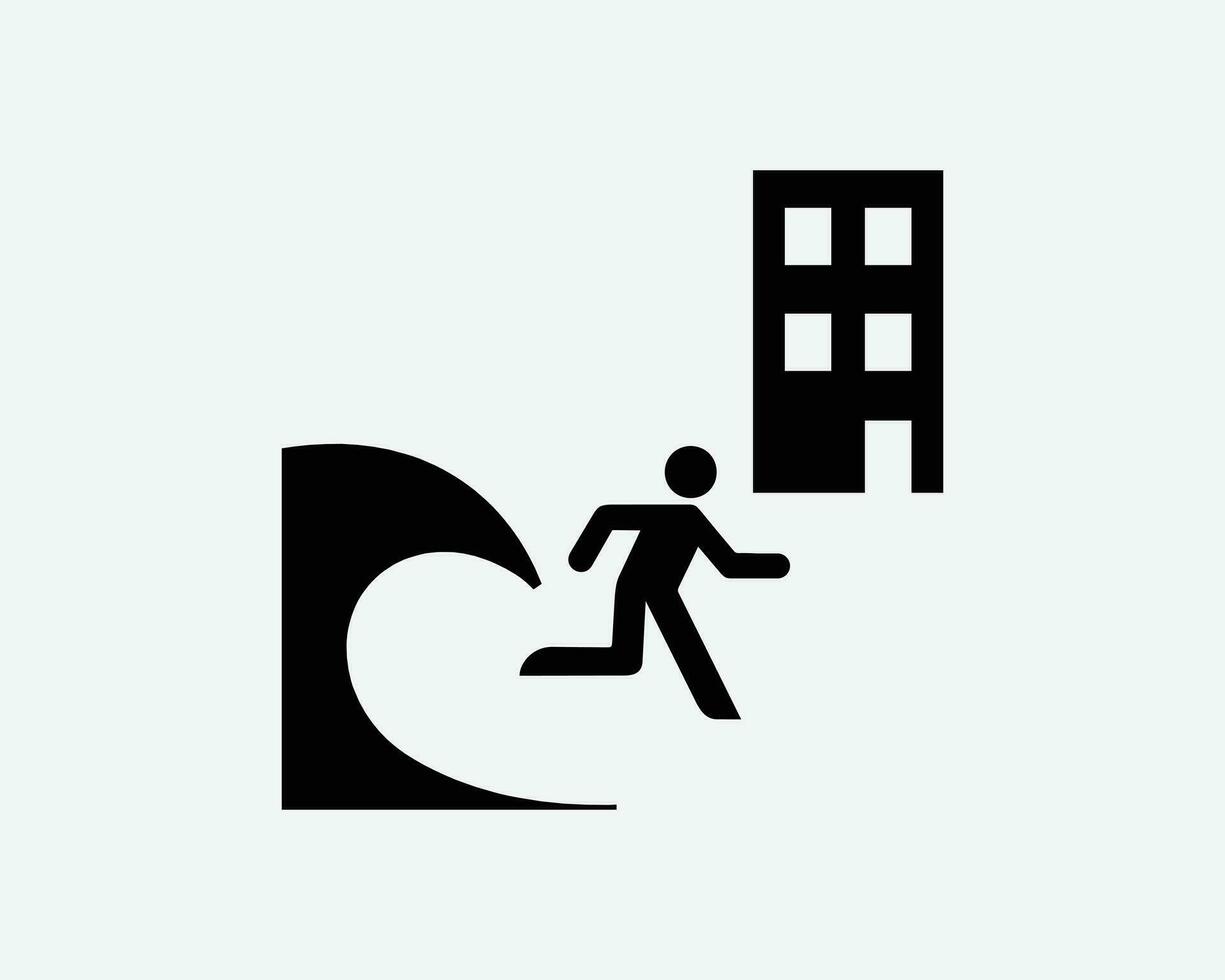 tsunami evacuatie gebouw onderdak veiligheid rennen rennen zwart wit silhouet teken symbool icoon clip art grafisch artwork pictogram illustratie vector