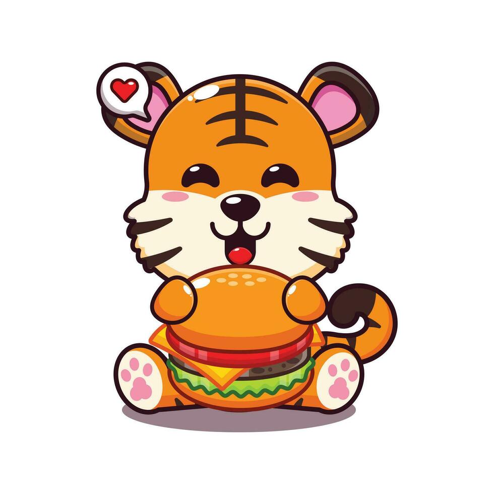 schattig tijger met hamburger tekenfilm vector illustratie.