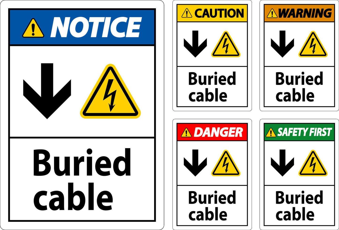 Gevaar teken begraven kabel met naar beneden pijl en elektrisch schok symbool vector