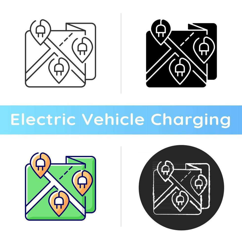 ev laadstations kaart of netwerkpictogram. bedrijf dat oplaadplaatsen voor elektromobielen distribueert. eco-brandstof verkopen. lineaire zwarte en rgb-kleurstijlen. geïsoleerde vectorillustraties vector