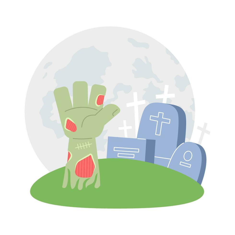 zombie verschrikking Aan vol maan begraafplaats vlak concept vector plek illustratie. grafstenen, zombie hand- 2d tekenfilm tafereel Aan wit voor web ui ontwerp. spookachtig begraafplaats geïsoleerd bewerkbare creatief held beeld