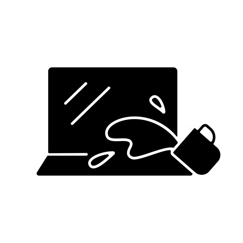 waterschade zwarte glyph-pictogram. drankje gemorst op toetsenbord. ongeluk met elektronica. vloeistof op notebook. natte laptop. hardware probleem. silhouet symbool op witte ruimte. vector geïsoleerde illustratie