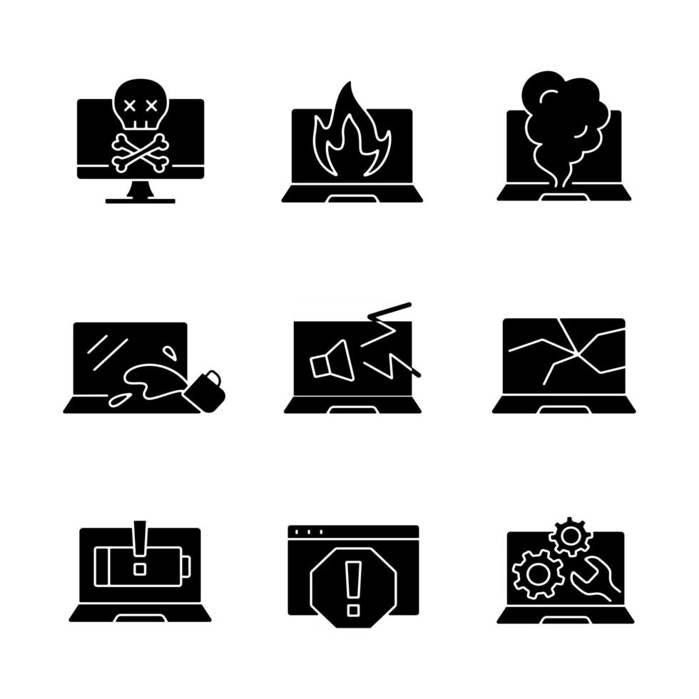 computer schade zwarte glyph pictogrammen instellen op witruimte. brandend notitieboekje. rook van toetsenbord. gecrasht beeldscherm. gebarsten scherm. laptop problemen. silhouet symbolen. vector geïsoleerde illustratie