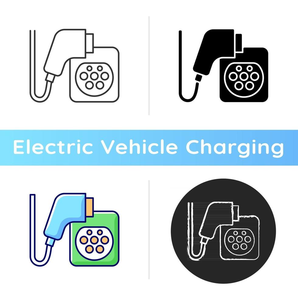 ev oplaadconnectoren icoon. elektromobiele brandstof tanken. ecologische manier van vervoeren. ecologisch energieverbruik. natuurlijke brandstof. lineaire zwarte en rgb-kleurstijlen. geïsoleerde vectorillustraties vector