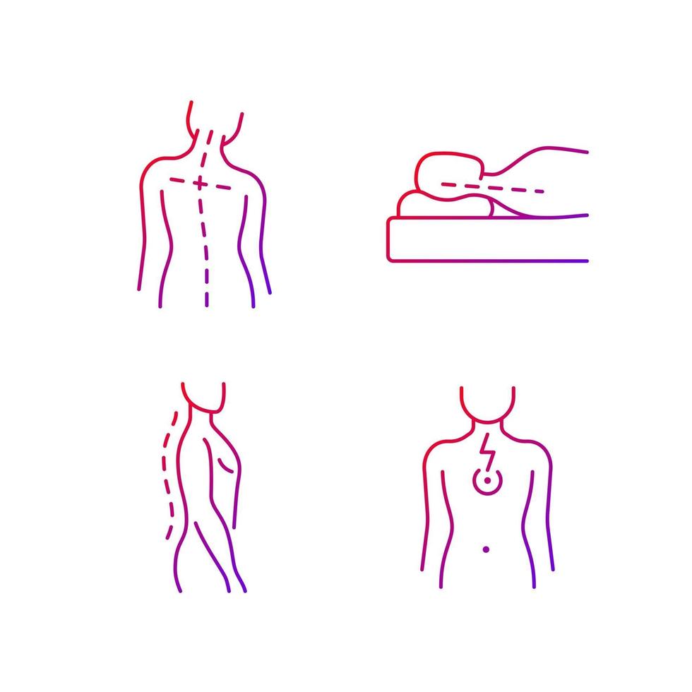 posturale disfunctie gradiënt lineaire vector iconen set. hoofd kantelen. verkeerde slaaphouding. normale spinale anatomie. dunne lijn contour symbolen bundel. geïsoleerde vector overzicht illustraties collectie