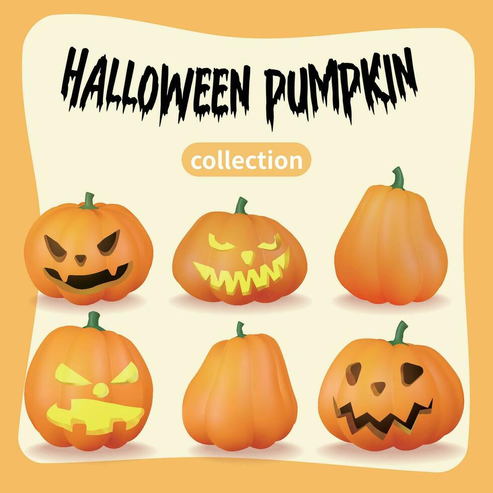 griezelig verzameling van halloween pompoenen, een reeks van zes pompoenen met vier verschillend grappig gezichten vector