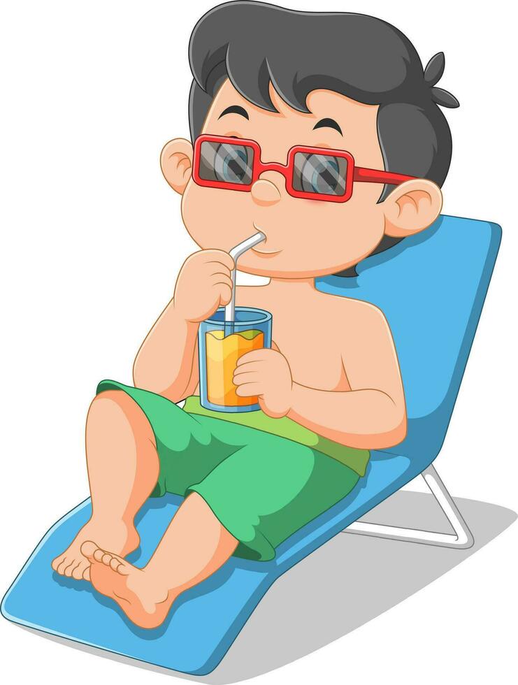 tekenfilm weinig jongen ontspannende met drinken Aan strand stoel vector