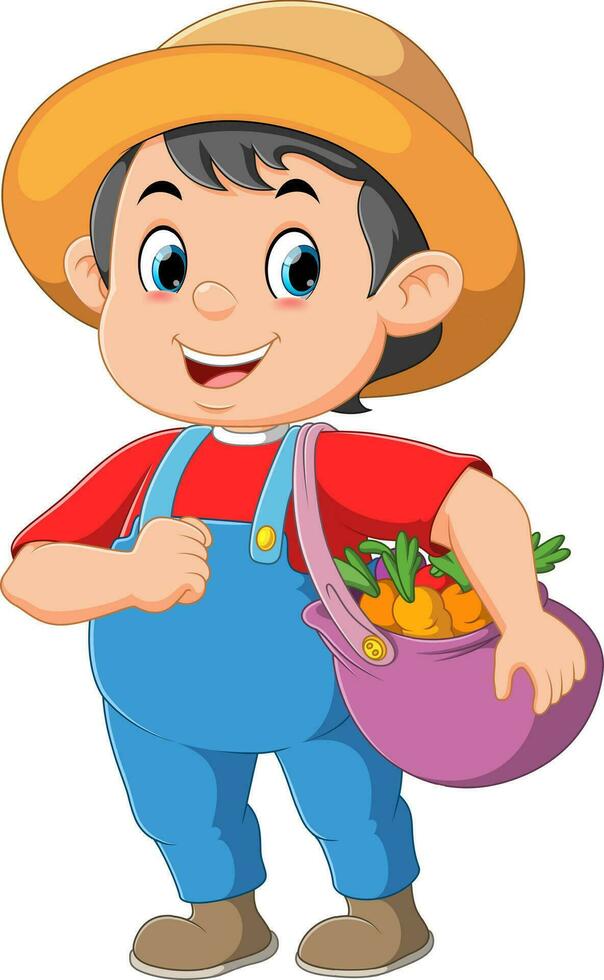 een glimlachen boer Mens met een wortel in zijn zak vector
