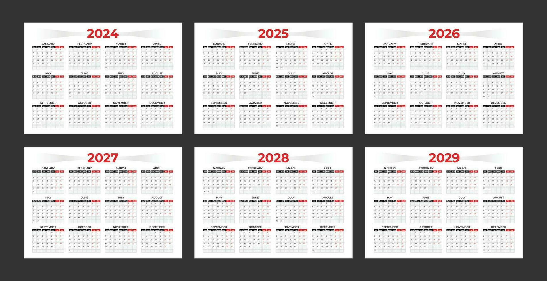 reeks van jaar- kalender sjabloon voor 2024, 2025, 2026, 2027, 2028 en 2029. minimalistische stijl kalender. week begint van zondag vector