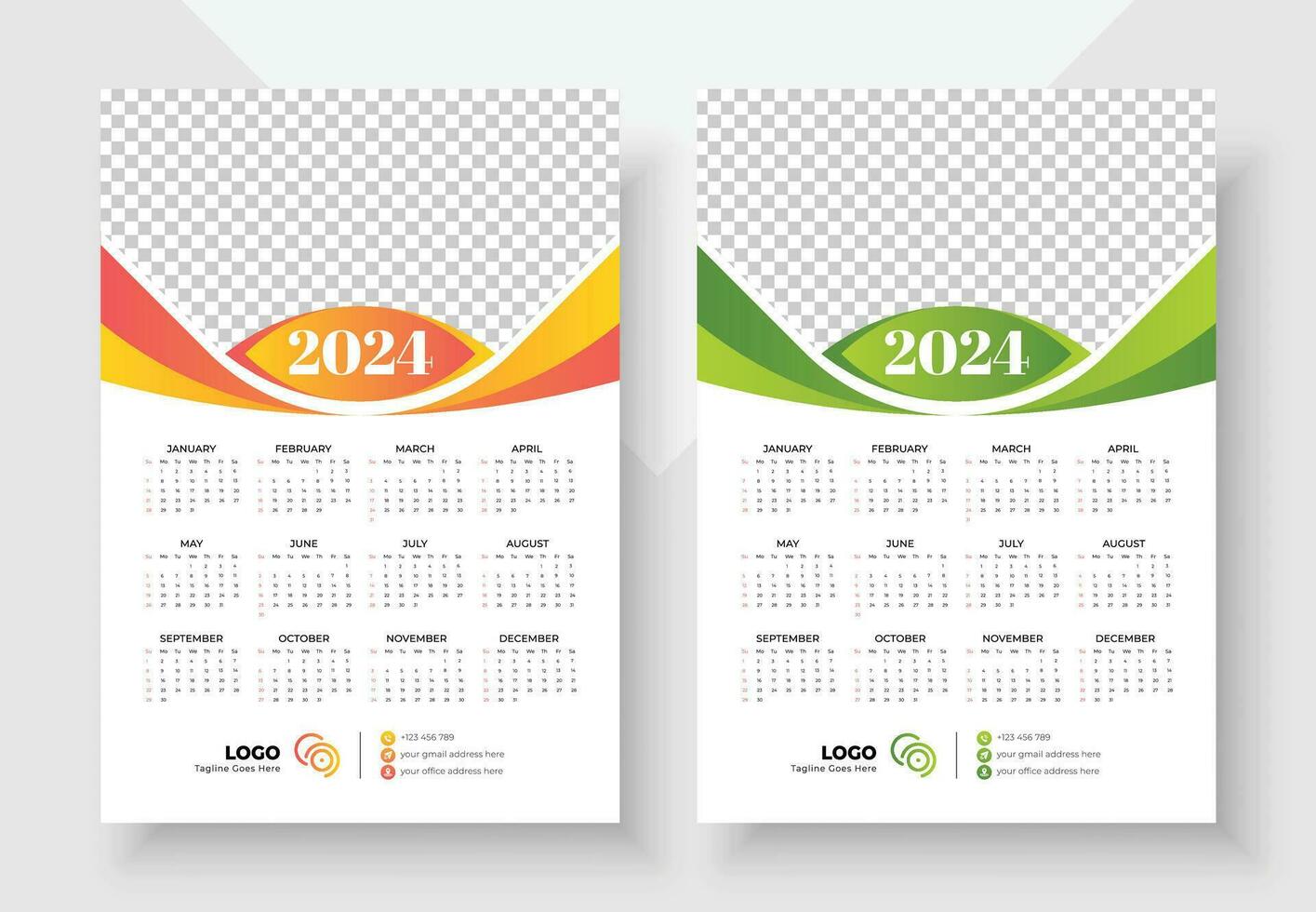 afdrukken klaar een bladzijde muur kalender sjabloon ontwerp voor 2024, week begint Aan zondag kalender ontwerp 2024, week begint Aan zondag kalender ontwerp 2024 vector