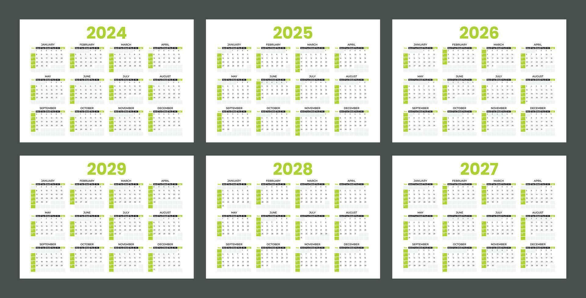 reeks van kalenders voor 2024, 2025, 2026, 2027, 2028 en 2029. minimalistische stijl kalender. week begint van zondag vector