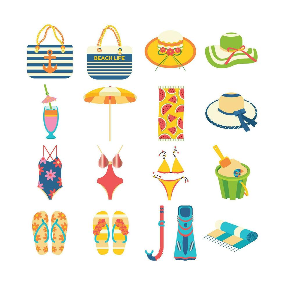 strand reeks voor zomer reizen. tas, hoed, cocktail, paraplu, handdoek, zwempak, emmer, zand. vector